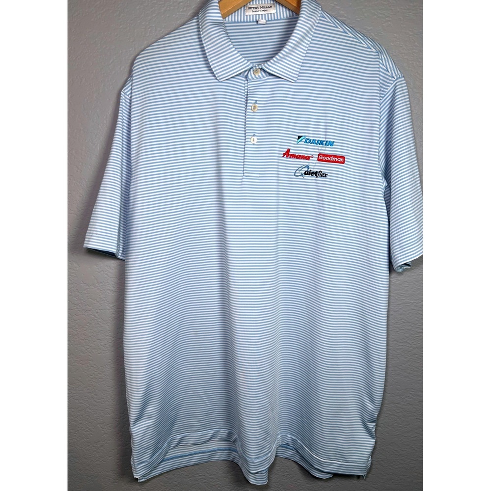 Peter Millar Summer Comfort Polo Shirt Mens XL Blue White Stripe Daikin Amana